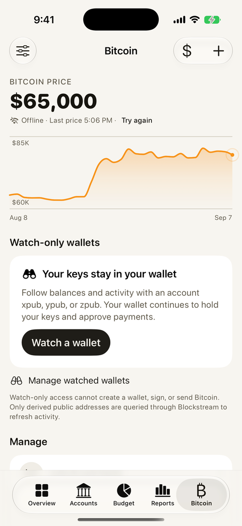 Bitcoin screen. Bitcoin price with a chart and an offline notice showing the last price; a Watch-only wallets card titled Your keys stay in your wallet, explaining that balances follow an account xpub, ypub or zpub, with a Watch a wallet button; a Manage watched wallets row.