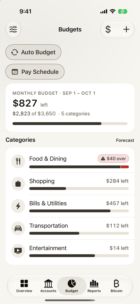 Budgets screen. Auto Budget and Pay Schedule buttons; a monthly budget card with the amount left, spent of total and five categories; a Categories list with Food and Dining marked over, then Shopping, Bills and Utilities, Transportation and Entertainment, each with a progress bar and amount left.